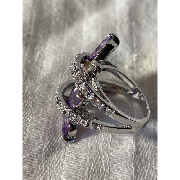 Silver Tone Purple Crystals Teardrop And Rhinestones Ring Size 6 - Picture 7 of 12